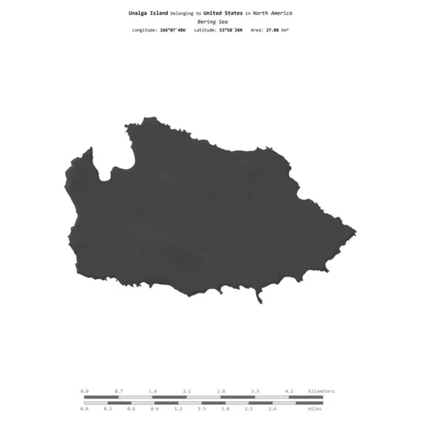 stock image Unalga Island in the Bering Sea, belonging to United States, isolated on a bilevel elevation map, with distance scale