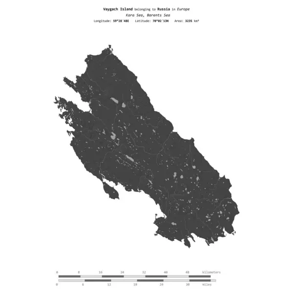 stock image Vaygach Island in the Kara Sea, belonging to Russia, isolated on a bilevel elevation map, with distance scale