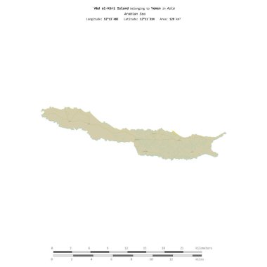 Yemen 'e ait Arap Denizi' ndeki Abdül el-Kuri Adası, uzaklık ölçeğinde, OSM İnsani Yardım Stili haritasında izole edilmiştir.
