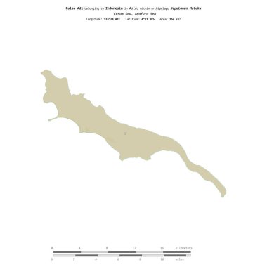 Pulau Adi in the Ceram Sea, belonging to Indonesia, isolated on a topographic, OSM Humanitarian style map, with distance scale clipart