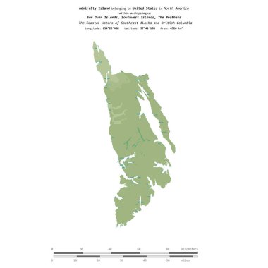 Güneydoğu Alaska ve British Columbia 'nın Sahil Suları' ndaki Amirallik Adası, bir topoğrafi haritada izole edilmiş, OSM İnsani Yardım tarzı, mesafe ölçeğinde.