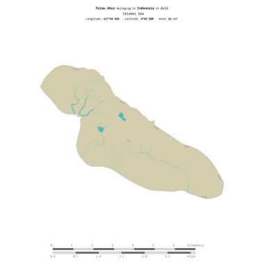 Endonezya 'ya ait Celebes Denizi' ndeki Pulau Ahus, bir topoğrafik, OSM İnsani Yardım Stili haritasında, uzaklık ölçeğinde izole edilmiştir.