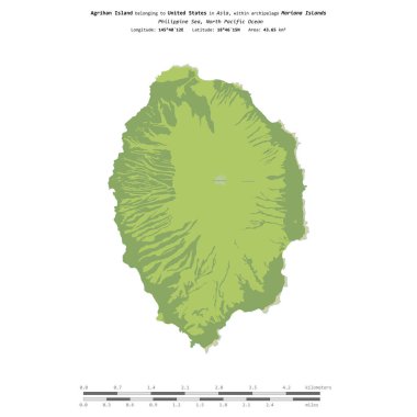 ABD 'ye ait Filipin Denizi' ndeki Agrihan Adası, uzaklık ölçeğine sahip bir topoğrafik OSM İnsani Stil Haritası üzerinde izole edilmiştir.
