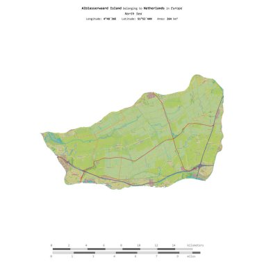 Alblasserwaard Island in the North Sea, belonging to Netherlands, isolated on a topographic, OSM Humanitarian style map, with distance scale clipart