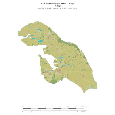 Danimarka 'ya ait Kattegat' taki Alsen Adası, uzaklık ölçeğine sahip bir topoğrafik OSM İnsani Stil haritasında izole edilmiştir.