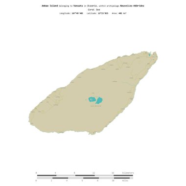 Vanuatu 'ya ait Mercan Denizi' ndeki Ambae Adası, uzaklık ölçeğinde OSM İnsani Yardım Haritası üzerinde izole edilmiştir.