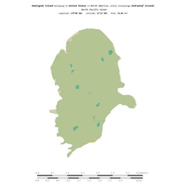 Amerika Birleşik Devletleri 'ne ait Kuzey Pasifik Okyanusu' ndaki Amatignak Adası, bir topoğrafi, OSM İnsani Yardım Stili haritasında, uzaklık ölçeğinde izole edilmiştir.