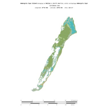 Belize 'ye ait Karayip Denizi' ndeki Ambergris Caye Adası, uzaklık ölçeğinde, OSM İnsani Yardım Stili haritasında izole edilmiştir.