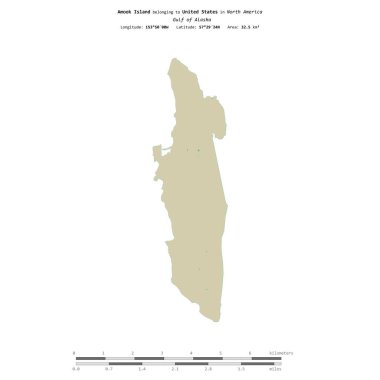 Amook Island in the Gulf of Alaska, belonging to United States, isolated on a topographic, OSM Humanitarian style map, with distance scale clipart