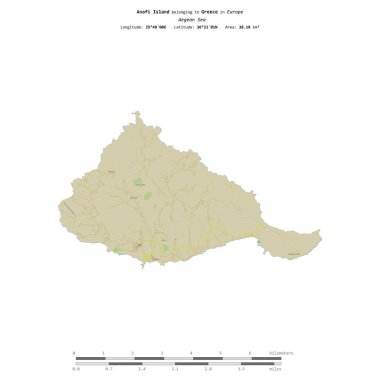 Yunanistan 'a ait Ege Denizi' ndeki Anafi Adası, uzaklık ölçeğine sahip bir topoğrafik OSM İnsani Stil Haritası üzerinde izole edilmiştir.