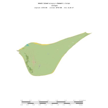 Anholt Island in the Kattegat, belonging to Denmark, isolated on a topographic, OSM Humanitarian style map, with distance scale clipart