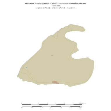 Mercan Denizi 'ndeki Aore Adası, Vanuatu' ya ait, bir topoğrafi, OSM İnsani-stil haritasında izole edilmiş, uzaklık ölçeğinde.