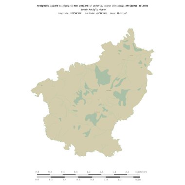 Güney Pasifik Okyanusu 'ndaki Antipodes Adası, Yeni Zelanda' ya ait, bir topoğrafya üzerinde izole edilmiş, OSM İnsani yardım tarzı haritası, uzaklık ölçeğinde