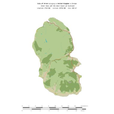 İskoçya 'nın batı kıyısındaki İç Denizler' deki Arran adası, Birleşik Krallık 'a ait, bir topoğrafi haritada izole edilmiş, OSM İnsani yardım tarzı, mesafe ölçeğinde.
