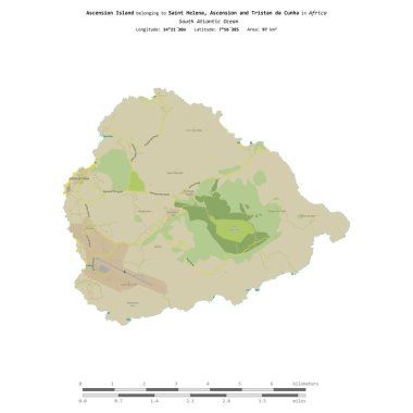 Ascension Island in the South Atlantic Ocean, belonging to Saint Helena, Ascension and Tristan da Cunha, isolated on a topographic, OSM Humanitarian style map, with distance scale clipart