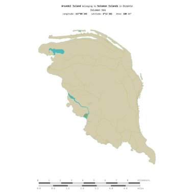 Solomon Adaları 'na ait Solomon Denizi' ndeki Arundel Adası, uzaklık ölçeğinde OSM İnsani Yardım Stili haritasında izole edilmiştir.