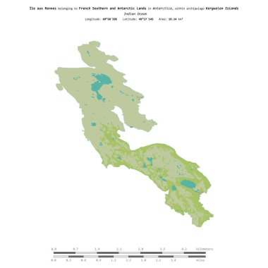 Hint Okyanusu 'ndaki Ile aux Rennes, Fransız Güney ve Antarktika topraklarına ait, bir topoğrafik üzerinde izole edilmiş, OSM İnsani-stil haritası, mesafe ölçeğinde