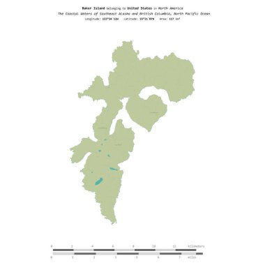Baker Island in the North Pacific Ocean, belonging to United States, isolated on a topographic, OSM Humanitarian style map, with distance scale clipart