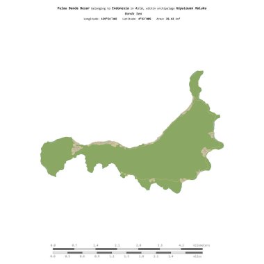 Endonezya 'ya ait Banda Denizi' ndeki Pulau Banda Besar, uzaklık ölçeğinde OSM İnsani Yardım Haritası üzerinde izole edilmiştir.