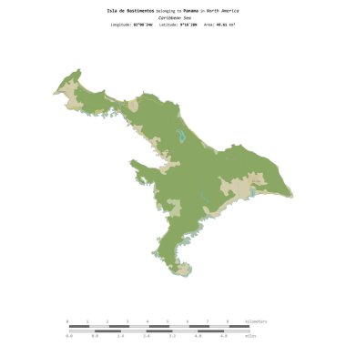 Panama 'ya ait Karayip Denizi' ndeki Bastimentos Adası, bir topoğrafik, OSM İnsani Yardım Stili haritasında, uzaklık ölçeğinde izole edilmiştir.