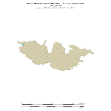 Filipin Denizi 'ndeki Batan, Albay Adası, uzaklık ölçeğinde, OSM İnsani Yardım Stili haritasında, bir topoğrafik olarak izole edilmiştir.