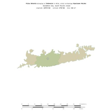 Halmahera Denizi 'ndeki Pulau Batanta, Endonezya' ya ait, bir topoğrafik üzerinde izole edilmiş, OSM İnsani-stil haritası, uzaklık ölçeğinde