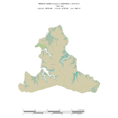 Avustralya 'ya ait Timor Denizi' ndeki Bathurst Adası, uzaklık ölçeğine sahip bir topoğrafik OSM İnsani Stil Haritası üzerinde izole edilmiştir.