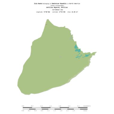 Dominik Cumhuriyeti 'ne ait Karayip Denizi' ndeki Beata Adası, uzaklık ölçeğinde OSM İnsani Yardım Stili haritasında izole edilmiştir.