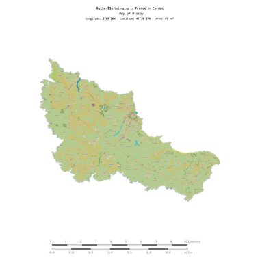Biscay Körfezi 'ndeki Belle-Ile, Fransa' ya ait, bir topoğrafik, OSM İnsani-stil haritasında izole edilmiş, uzaklık ölçeğinde