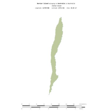 Avustralya 'ya ait Hint Okyanusu' ndaki Bernier Adası, uzaklık ölçeğine sahip bir topoğrafik OSM İnsani Yardım Stili haritasında izole edilmiştir.