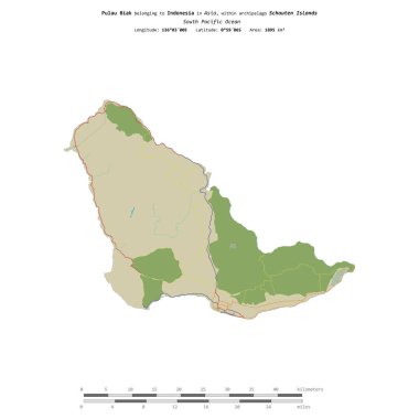 Pulau Biak in the South Pacific Ocean, belonging to Indonesia, isolated on a topographic, OSM Humanitarian style map, with distance scale clipart