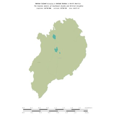 Betton Island in the The Coastal Waters of Southeast Alaska and British Columbia, belonging to United States, isolated on a topographic, OSM Humanitarian style map, with distance scale clipart