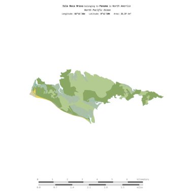 Kuzey Pasifik Okyanusu 'ndaki Boca Brava adası, Panama' ya ait, bir topoğrafya üzerinde izole edilmiş, OSM İnsani yardım tarzı haritası, mesafe ölçeğinde
