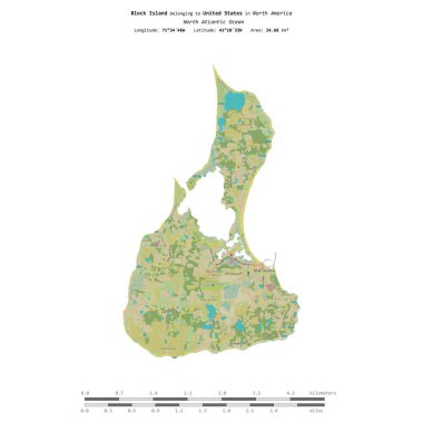 Block Island in the North Atlantic Ocean, belonging to United States, isolated on a topographic, OSM Humanitarian style map, with distance scale clipart