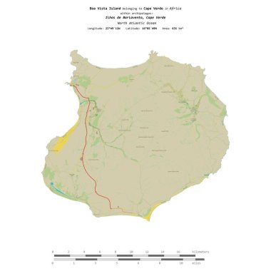 Kuzey Atlantik Okyanusu 'ndaki Boa Vista Adası, Cape Verde' ye ait, bir topoğrafya üzerinde izole edilmiş, OSM İnsani yardım tarzı haritası, mesafe ölçeğinde.