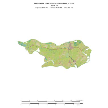 Hollanda 'ya ait Kuzey Denizi' ndeki Bommelerwaard Adası, uzaklık ölçeğinde, OSM İnsani Yardım Stili haritasında izole edilmiştir.