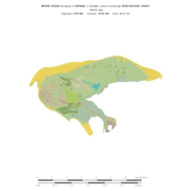 Kuzey Denizi 'nde, Almanya' ya ait olan Borkum Adası, uzaklık ölçeğinde OSM İnsani Yardım Haritası üzerinde izole edilmiştir.