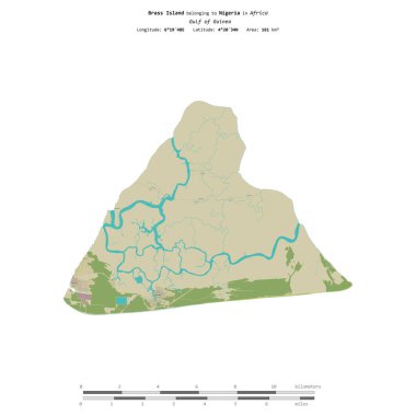Nijerya Körfezi 'ndeki Pirinç Adası, uzaklık ölçeğinde, OSM İnsani Yardım Stili haritasında bir topoğrafik olarak izole edilmiştir.