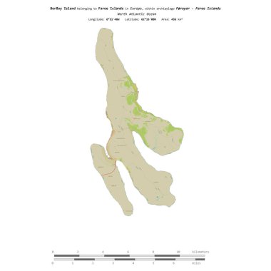 Faroe Adaları 'na ait Kuzey Atlantik Okyanusu' ndaki Boroy Adası, uzaklık ölçeğinde, OSM İnsani Yardım Stili haritasında izole edilmiştir.