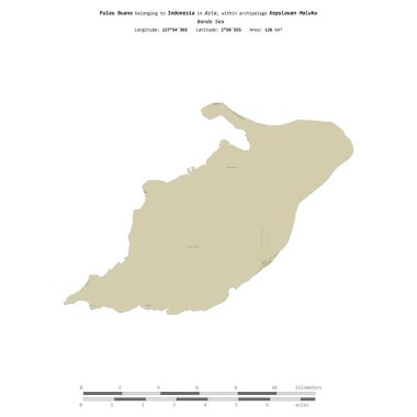 Endonezya 'ya ait Banda Denizi' ndeki Pulau Buano, bir topoğrafi, OSM İnsani-stil haritasında, uzaklık ölçeğinde izole edilmiştir.
