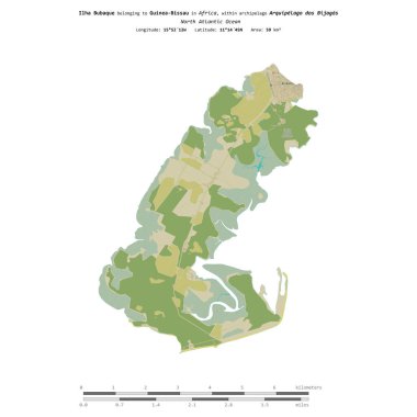 Kuzey Atlantik Okyanusu 'ndaki Ilha Bubaque, Gine-Bissau' ya ait, bir topoğrafik üzerinde izole edilmiş, OSM İnsani stilde, uzaklık ölçeğinde