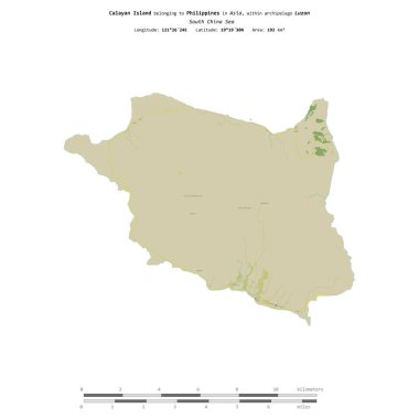 Calayan Island in the South China Sea, belonging to Philippines, isolated on a topographic, OSM Humanitarian style map, with distance scale clipart