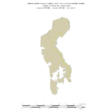 Hindistan 'a ait olan Hint Okyanusu' ndaki Camorta Adası, uzaklık ölçeğine sahip bir topoğrafik OSM İnsani Yardım Stili haritasında izole edilmiştir.