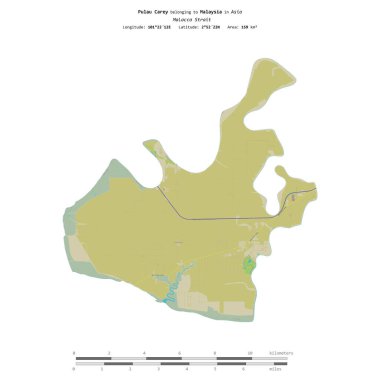 Malezya 'ya ait Malacca Boğazı' ndaki Pulau Carey, uzaklık ölçeğinde, OSM İnsani Yardım Stili haritasında bir topoğrafik olarak izole edilmiştir.