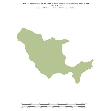 Alaska Körfezi 'ndeki Caton Adası, Amerika Birleşik Devletleri' ne ait, bir topoğrafi, OSM İnsani Stil haritasında izole edilmiş, uzaklık ölçeğinde