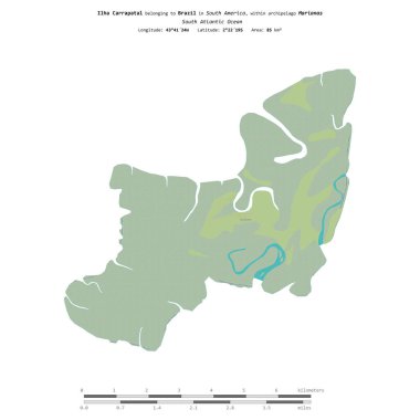 Brezilya 'ya ait Güney Atlantik Okyanusu' ndaki Ilha Carrapatal, bir topoğrafi, OSM İnsani-stil haritasında izole edilmiş, uzaklık ölçeğinde