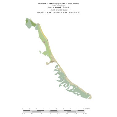 Küba 'ya ait Kuzey Atlantik Okyanusu' ndaki Cayo Cruz Adası, bir topoğrafik, OSM İnsani Yardım Stili haritasında, uzaklık ölçeğinde izole edilmiştir.