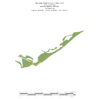 Küba 'ya ait Karayip Denizi' ndeki Cayo Largo Adası, uzaklık ölçeğinde, OSM İnsani Yardım Stili haritasında izole edilmiştir.