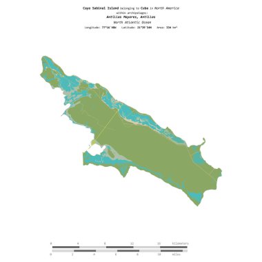 Küba 'ya ait Kuzey Atlantik Okyanusu' ndaki Cayo Sabinal Adası, uzaklık ölçeğinde, OSM İnsani Yardım Stili haritasında izole edilmiştir.