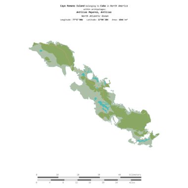 Küba 'ya ait Kuzey Atlantik Okyanusu' ndaki Cayo Romano Adası, bir topoğrafi, OSM İnsani Yardım Stili haritasında, uzaklık ölçeğinde izole edilmiştir.
